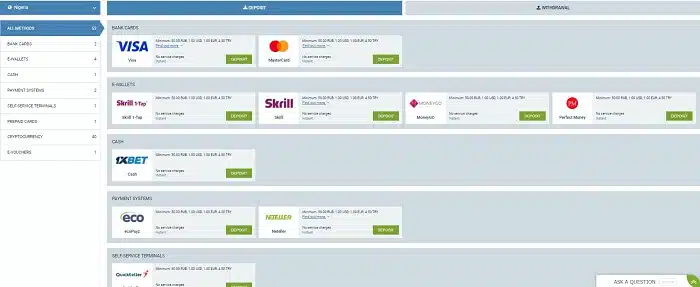 1xbet Nigeria Deposit Methods