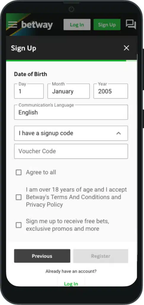 Register with Betway on moblile